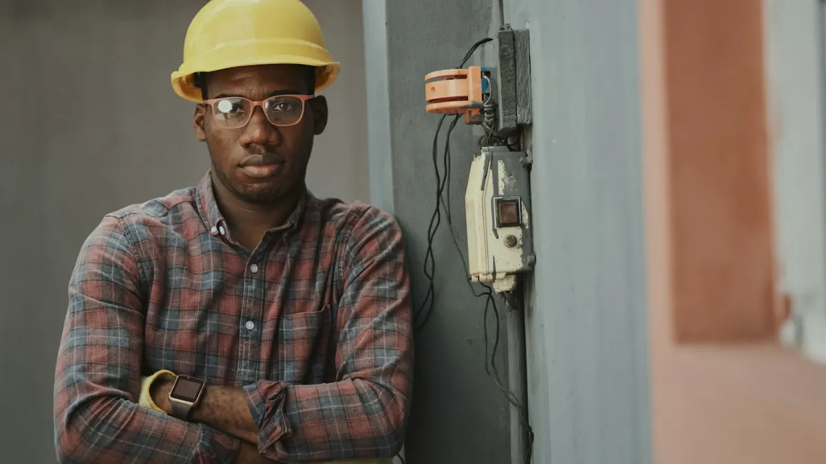 Engineer with a hard hat reviewing a project